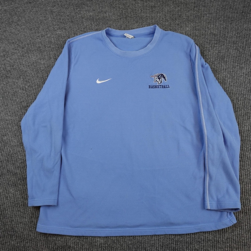 Nike Basketball Shirt Mens 2XL Blue Waffle Knit Long Sleeve Crewneck RJ Logo